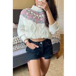 Vintage Cabin Creek Fair Isle Fisherman Knit Popcorn Cream Ivory Sweater